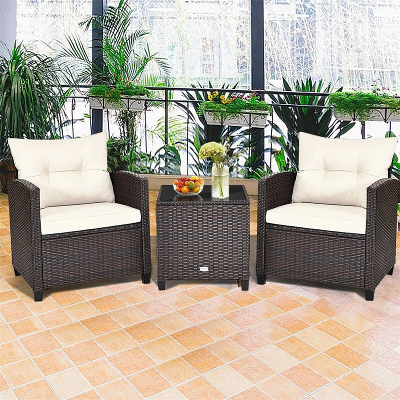 3-Piece Rattan Patio Conversation Set With Cushions And Coffee Table