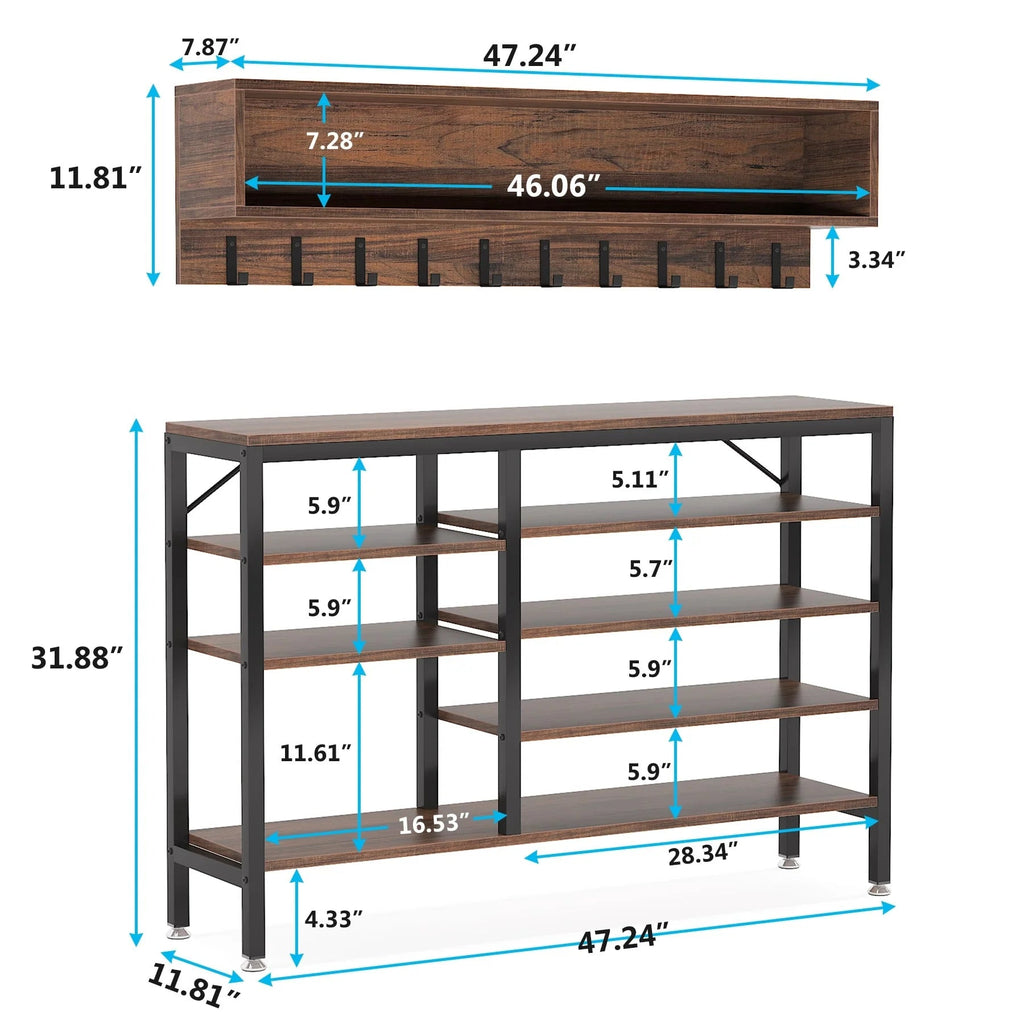 5-in-1 Entryway Hall Tree With Coat Rack, Shoe Bench, 7 Hooks, 3 Cubbies And 3-Tier Shoe Rack