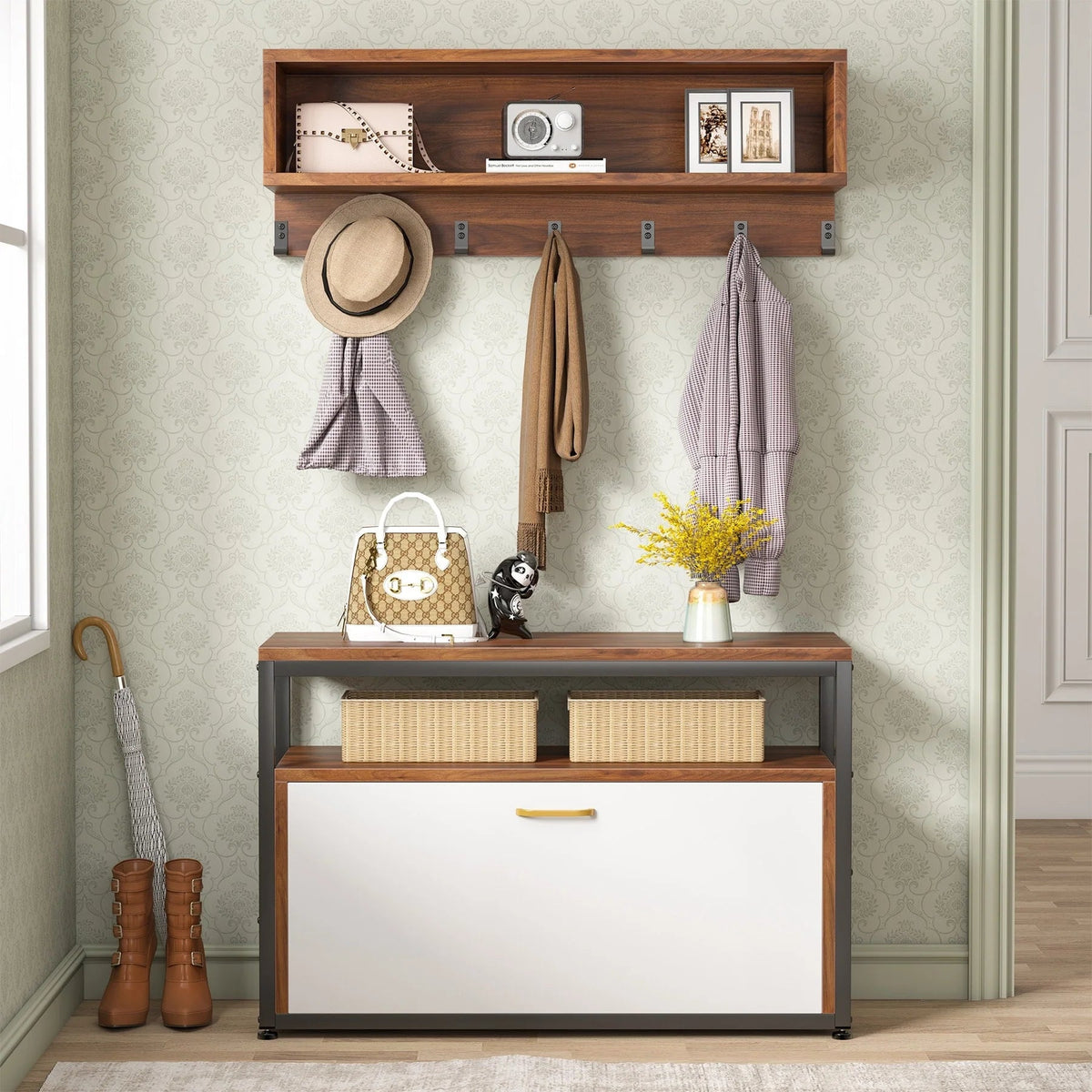 5-in-1 Entryway Hall Tree With Coat Rack, Shoe Bench, 7 Hooks, 3 Cubbies And 3-Tier Shoe Rack