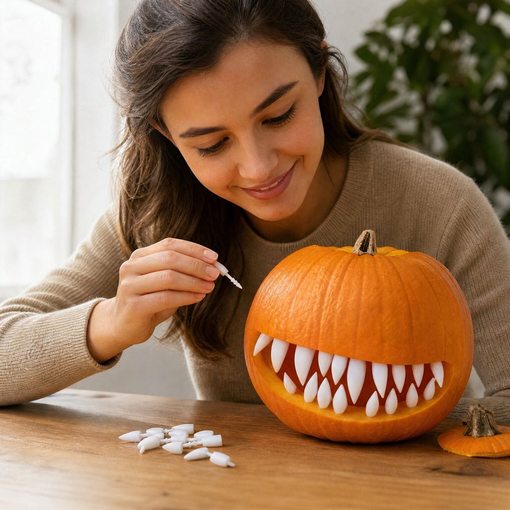 YAMB Halloween Pumpkin Teeth Decor Kit, Mini Fangs and Flat Teeth, Reusable Pin-In Design, For Pumpkin Carving and Party Craft, 1.6 Inch