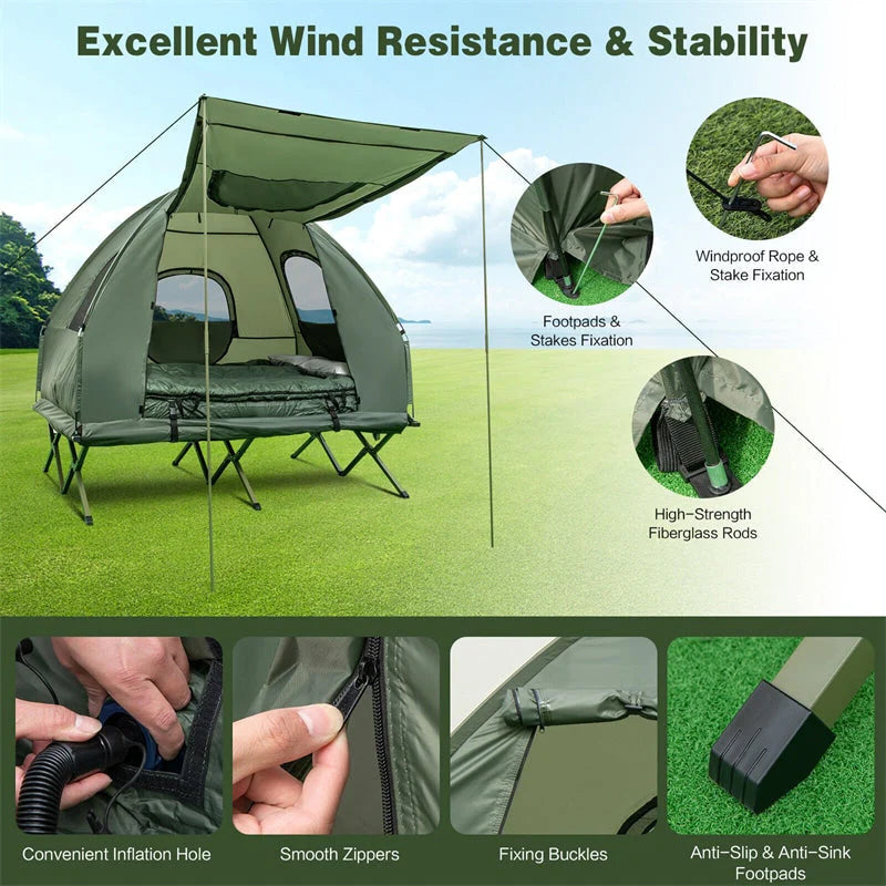 5-in-1 2-Person Portable Camping Tent Cot With Air Mattress, Sleeping Bags And Sunshade - Green & Blue