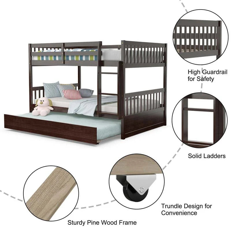 Full Over Full Convertible Bunk Bed Frame With Trundle, Ladder And Guardrails