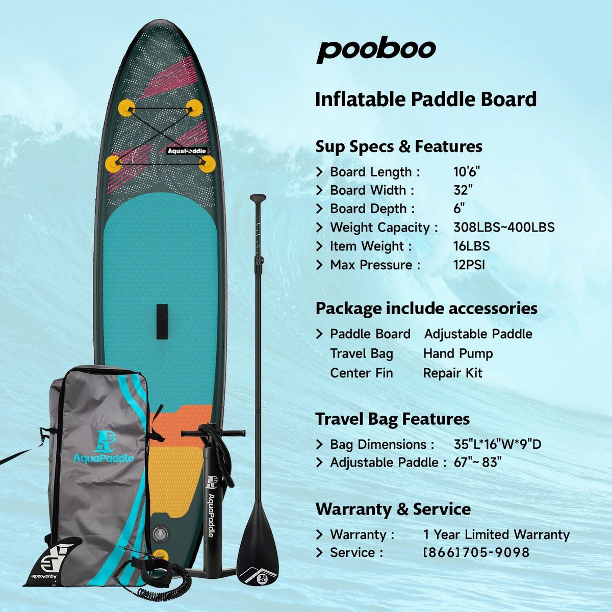 LNOW 10'6 Inflatable Stand Up Paddle Board, 6 ft Thick - Triple Action Pump