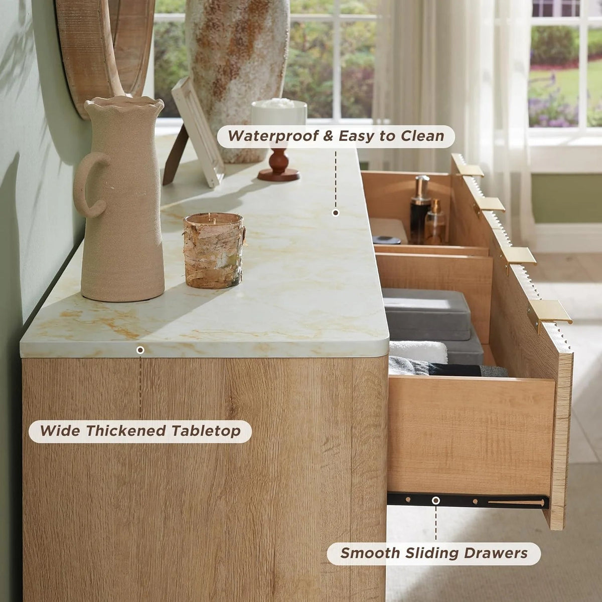 OKD 6-Drawer Dresser With Faux Marble Top, Natural Oak, 16in D x 54in W x 32in H