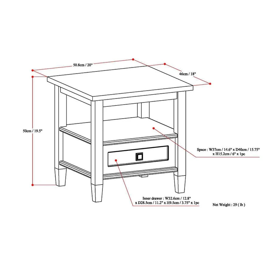 Solid Wood Rectangle End Table With Drawer And Shelf, 18.1in D x 20in W x 19.5in H - Norfolk