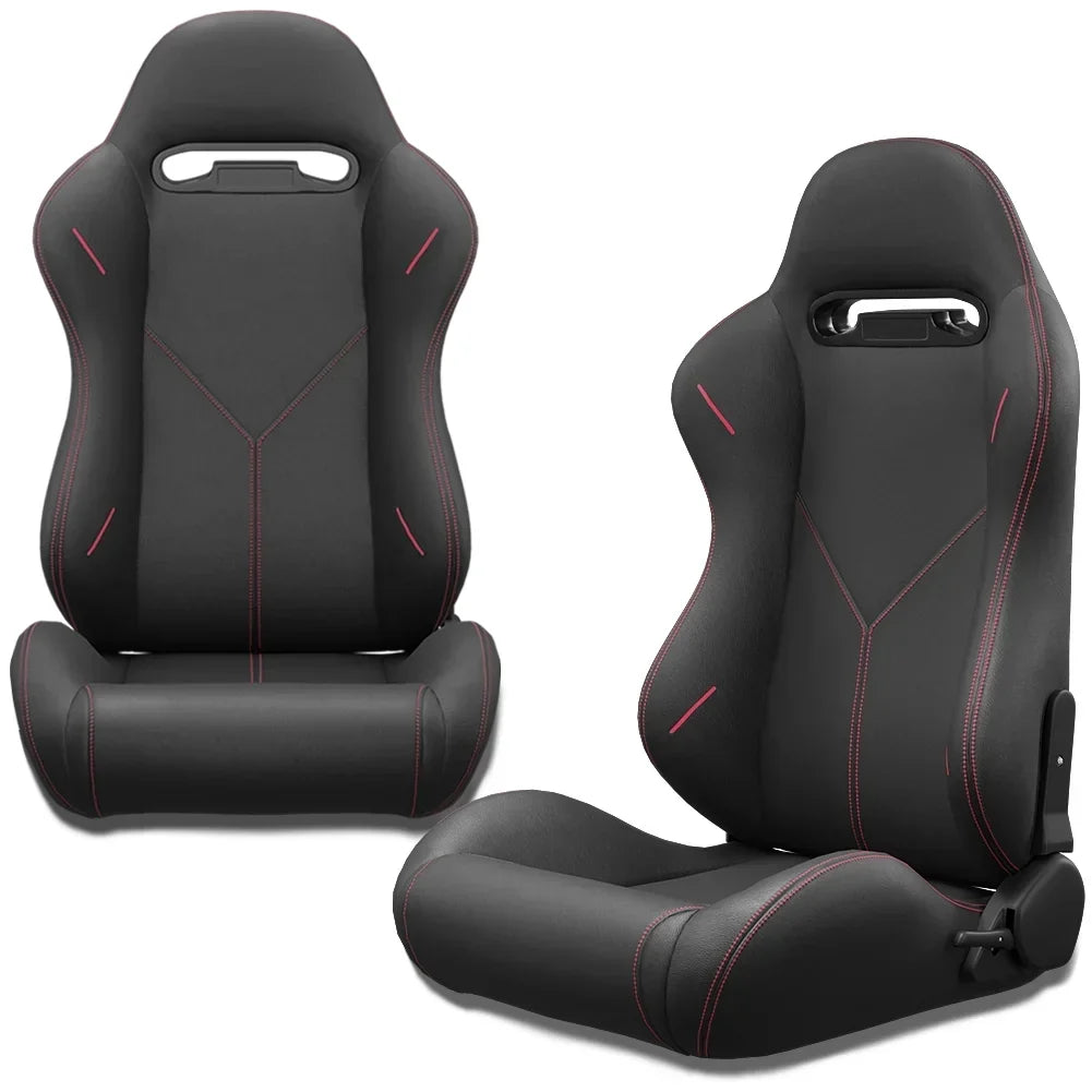 2PC Universal Reclinable Bucket Racing Seats With Adjustor Slider - Red PVC Leather