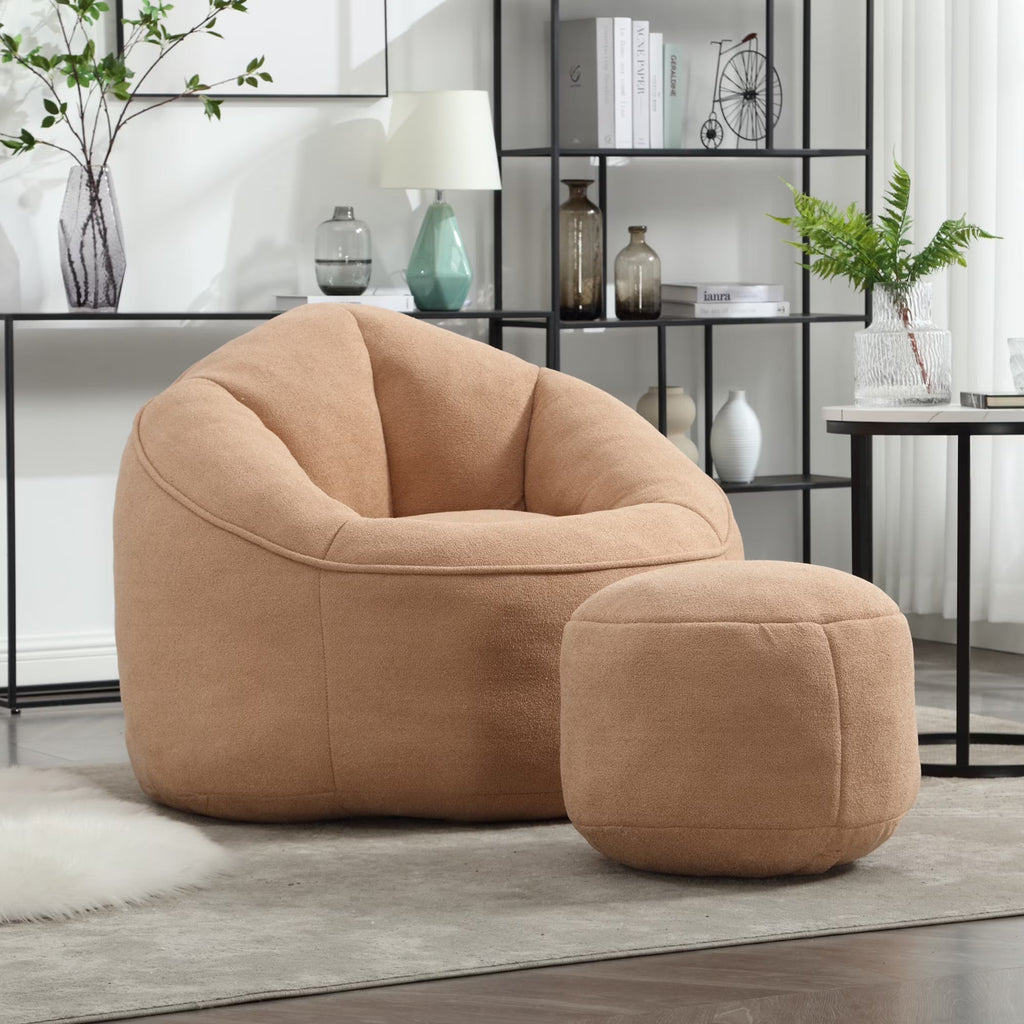 MOONMISS Microfiber Upholstered Round Bean Bag Sofa Chair With Ottoman - Gray