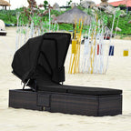 Cushioned Rattan Outdoor Chaise Lounge Chair With Folding Canopy, Flip-Up Tea Table And 5 Positions