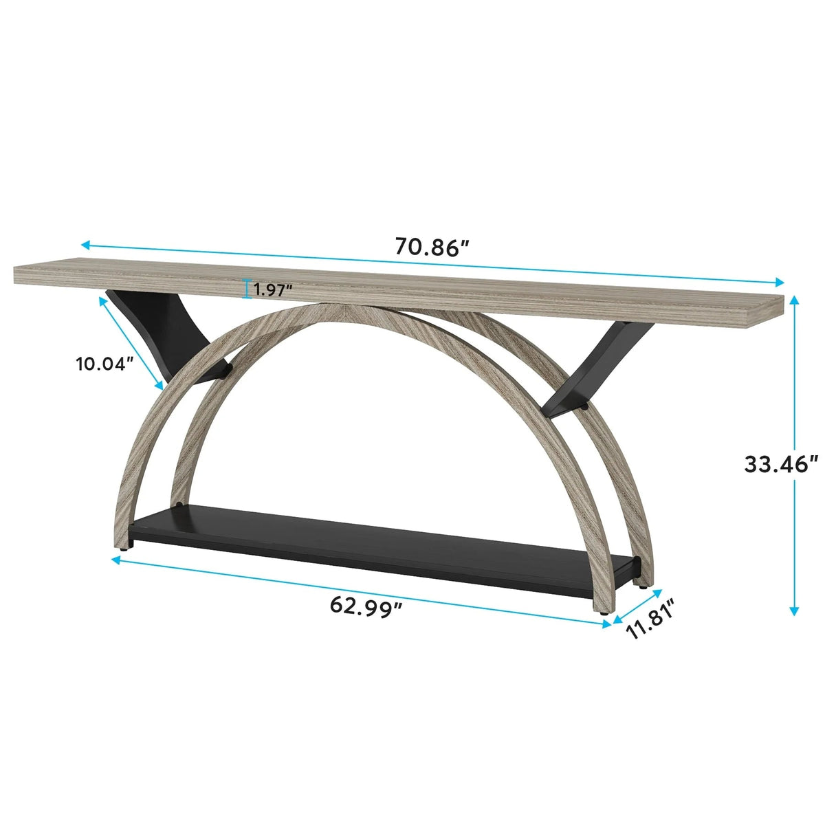 2-Tier Slim Console Sofa Table, Engineered Wood and Metal - 11.81 in D x 70.87 in W x 33.46 in H