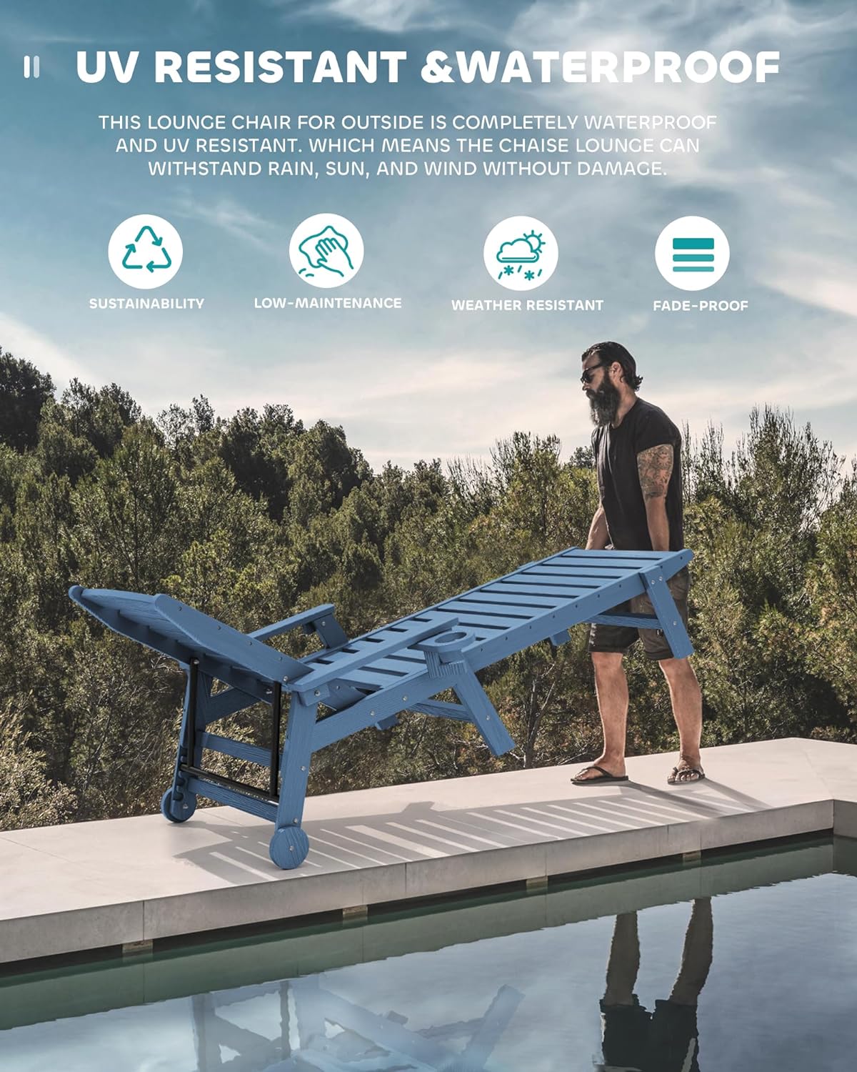 SERWALL Patio Chaise Lounge Chair Set Of 2, 78 Inch, 5-Position Adjustable, HDPE - Blue