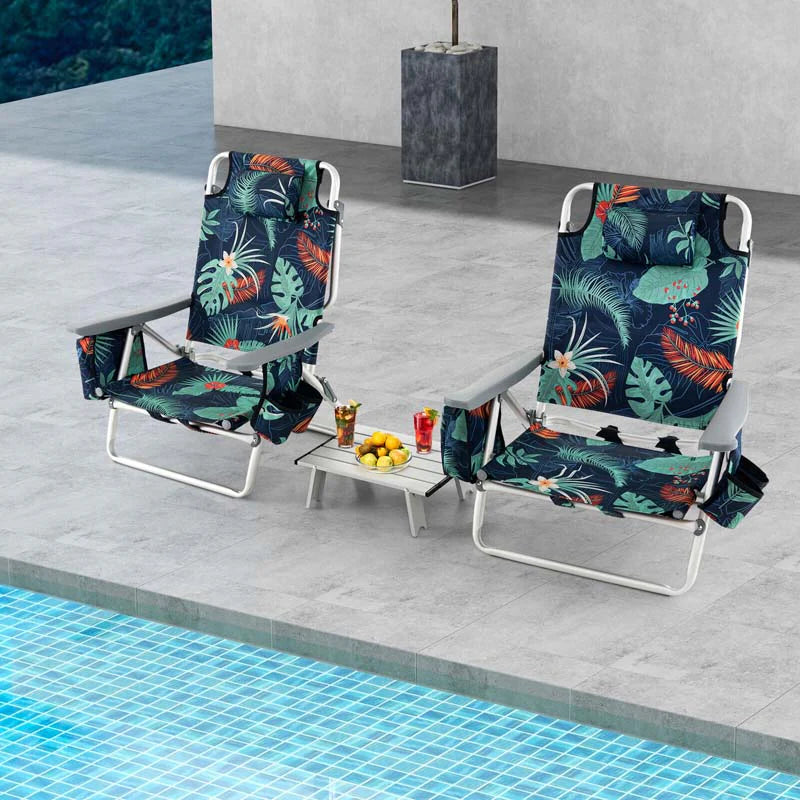 2-Pack 5-Position Outdoor Folding Backpack Beach Chairs With Side Table Set