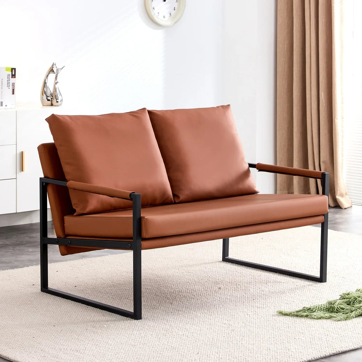 Modern Two-Seater Sofa Chair With 2 Pillows, PU Leather, Brown - SF-D008