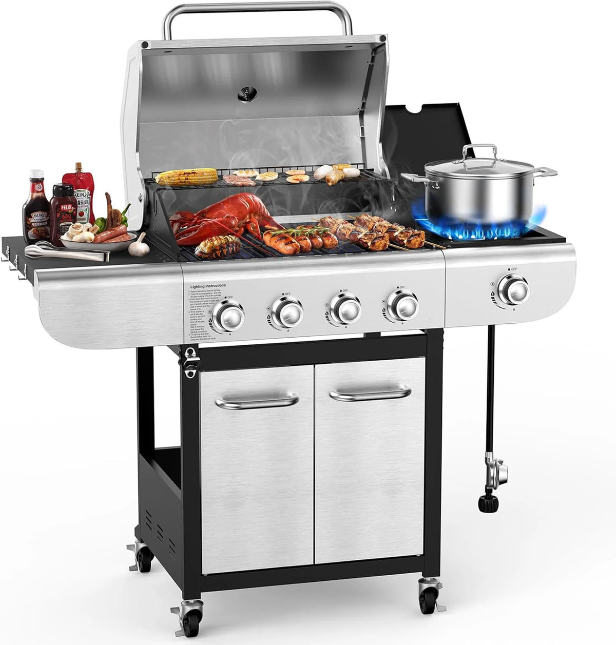 COWSAR 4-Burner Propane Gas Grill, 502 sq in, Silver
