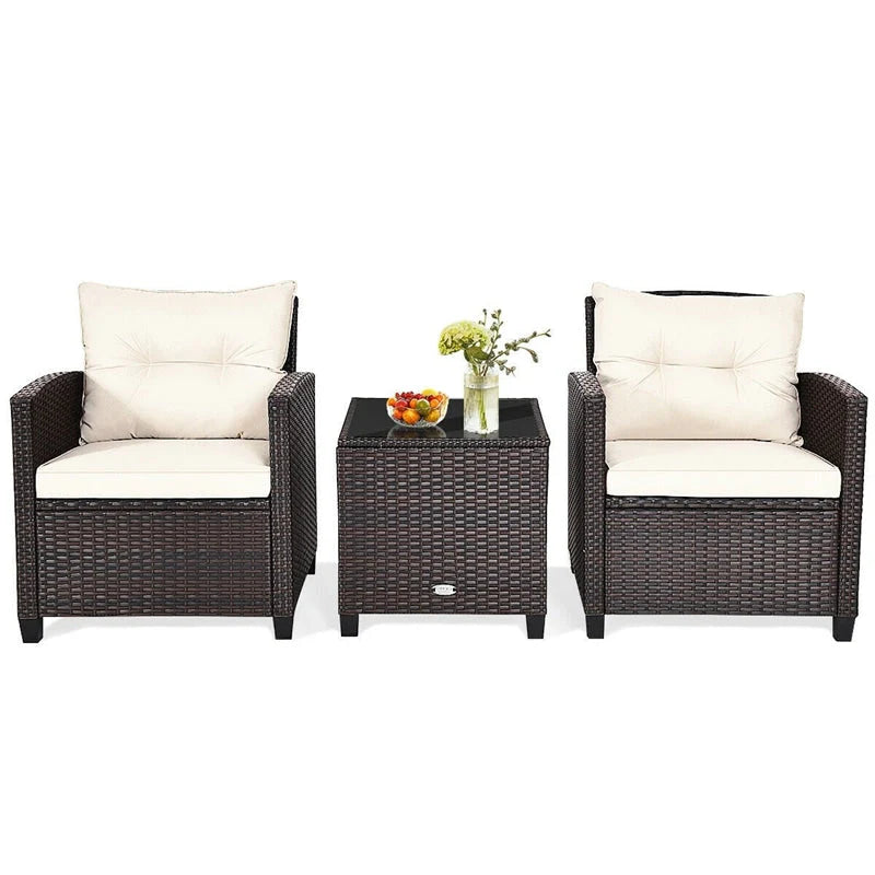 3-Piece Rattan Patio Conversation Set With Cushions And Coffee Table