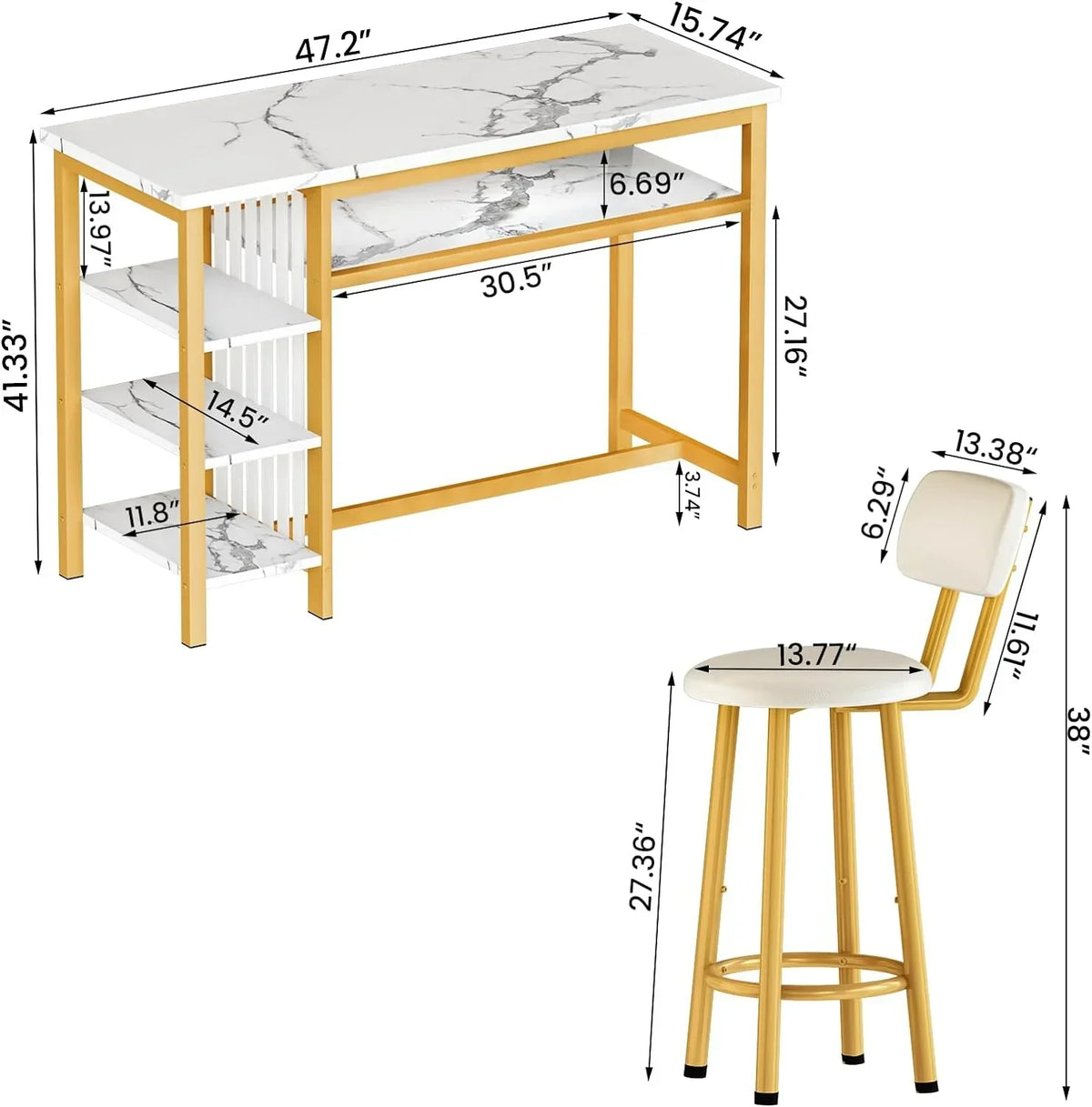 3-Piece White Faux Marble Bar Table And Chairs Set With 2 PU Cushion Bar Stools And 3-Tier Storage Shelves - Gold Frame