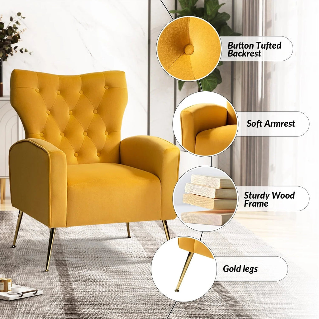 14 Karat Home Velvet Accent Chair With Button-Tufted Back And Metal Legs - Mustard