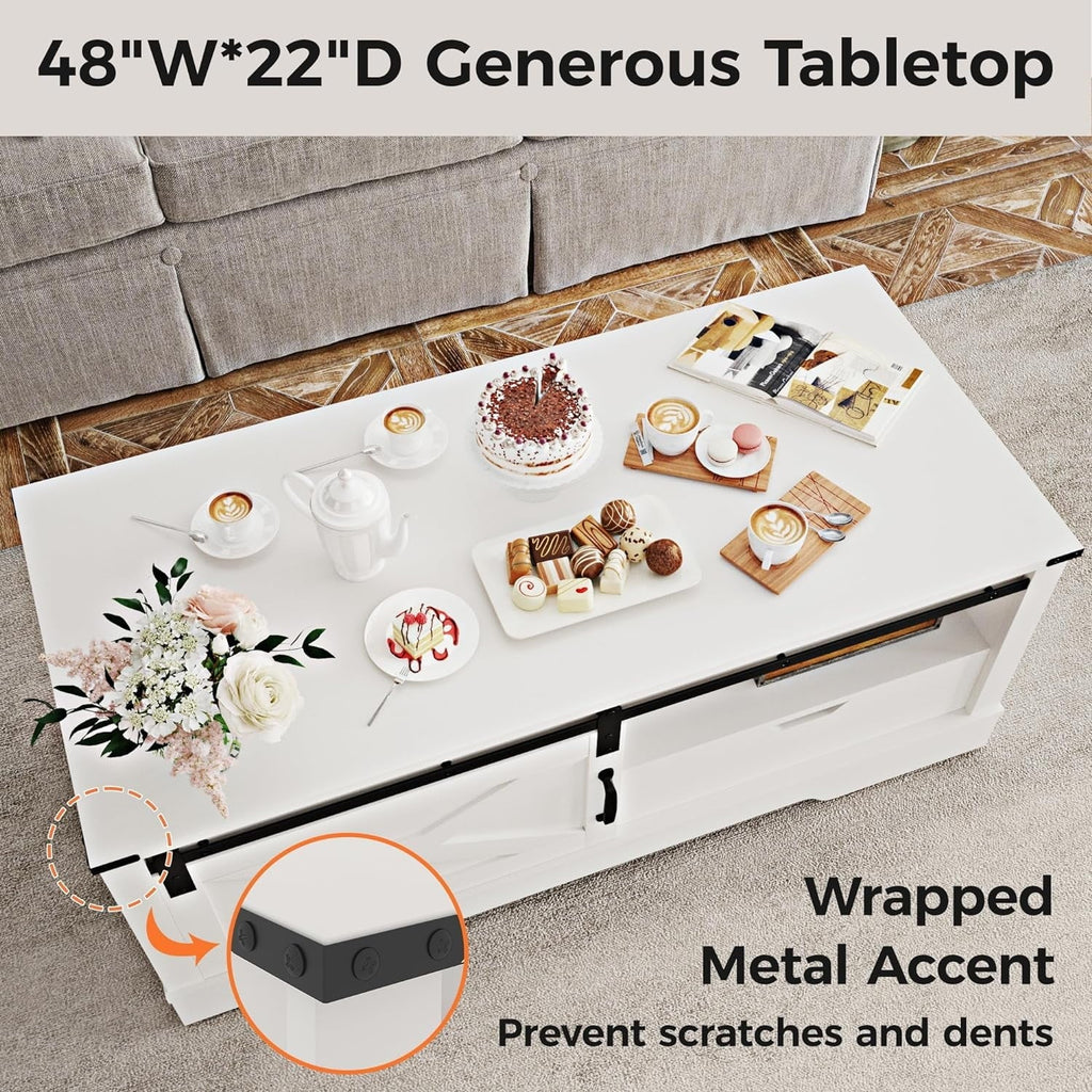 Farmhouse Coffee Table With Storage And Sliding Barn Door, 48 in, White