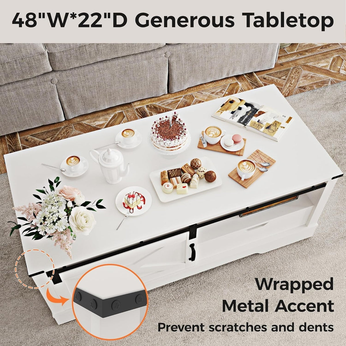 Farmhouse Coffee Table With Storage And Sliding Barn Door, 48 in, White