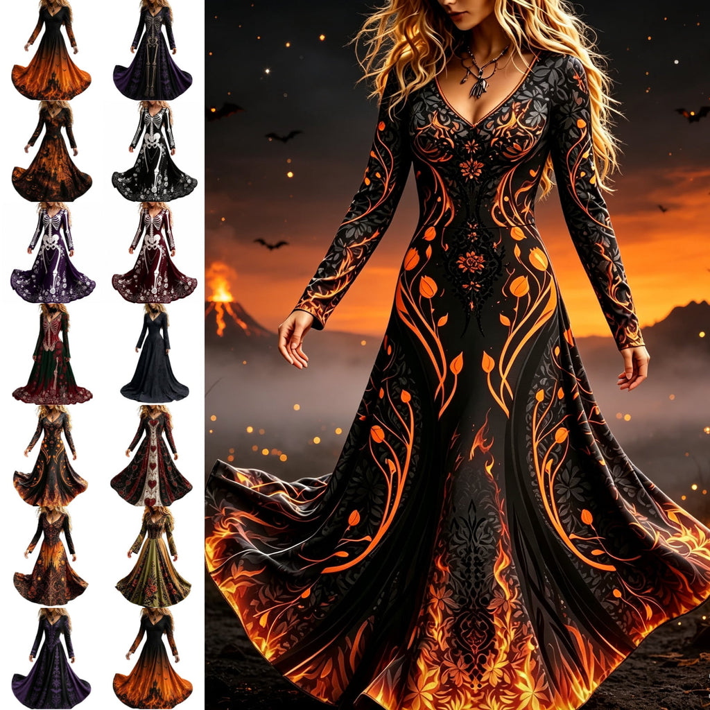 KICILVS Gothic Clothes For Women Black Spiderweb And Spider Print Flowing V Neck Long Maxi Dress Halloween Cosplay Gothic Party Dress
