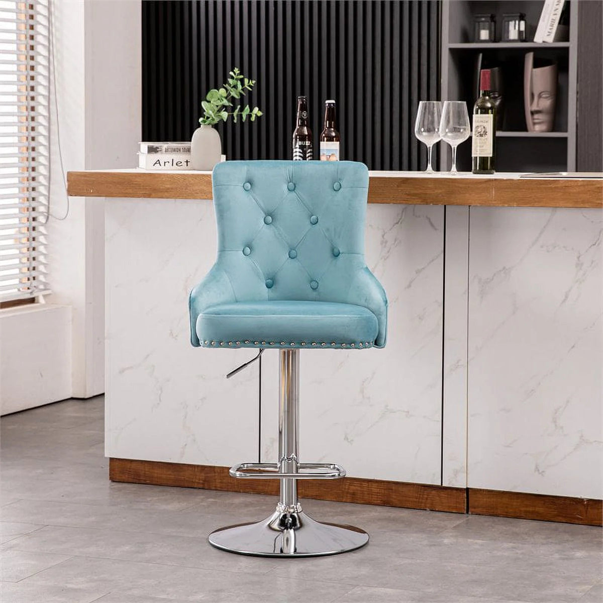 Alexent 2-Piece Swivel Bar Stools, Dark Blue, 43.7-51.6 H, 19.3 W x 18.1 D - Silver Footrest