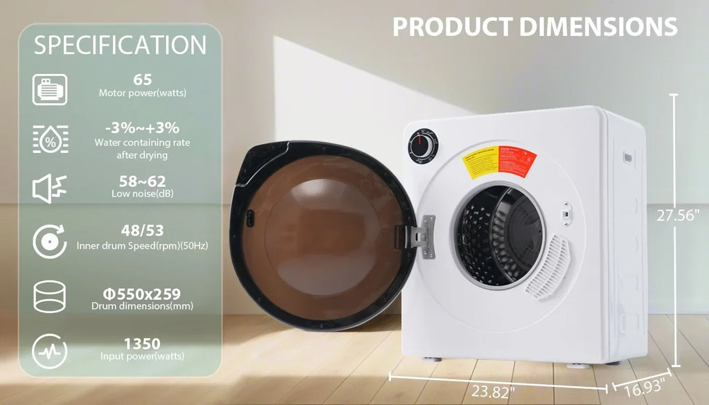 ZNESKPG Portable Compact Front Load Clothes Dryer 1.95 Cu. Ft., 830W, 5 Drying Modes, Stainless Steel Drum
