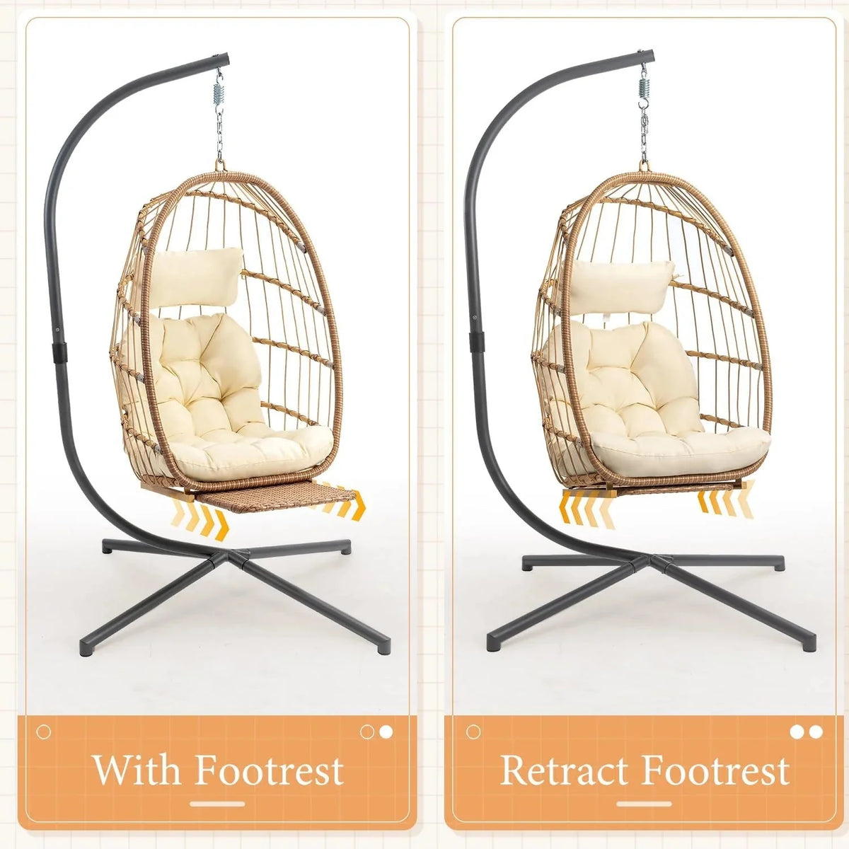 Yechen Indoor Outdoor Wicker Hanging Egg Chair With Stand, 38 x 38 x 78 Inches, 350 lbs, Charcoal Grey - EG-001