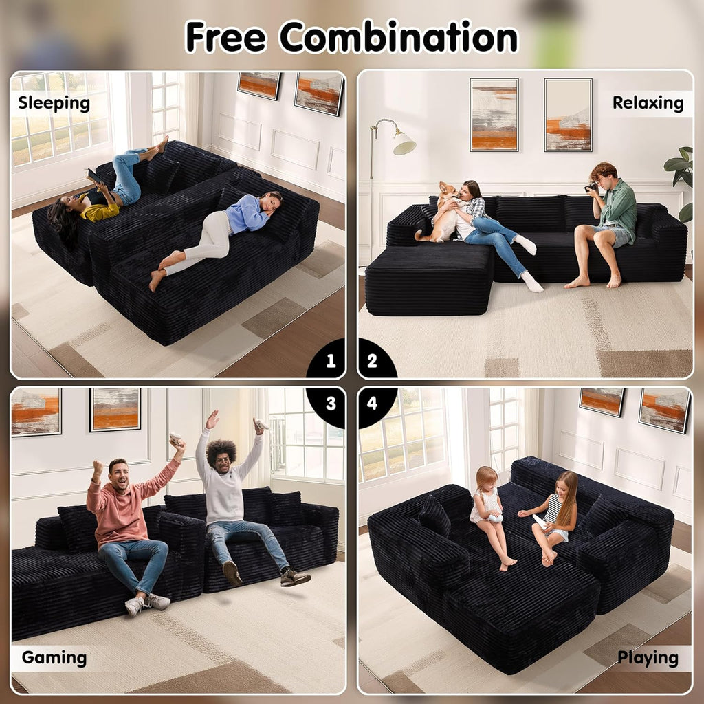 ovios 104in L-Shape Sectional Sofa With Chaise, Grey Plush Corduroy Fabric