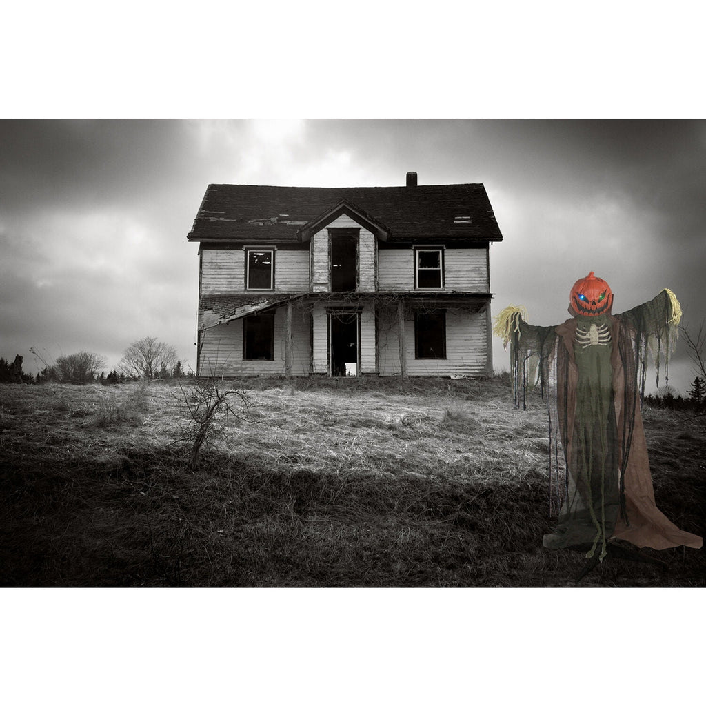 Haunted Hill Farm Life-Size Poseable 6.7-Ft. Pumpkin Scarecrow with Lights and Sound, Indoor or Covered Outdoor Halloween Decoration