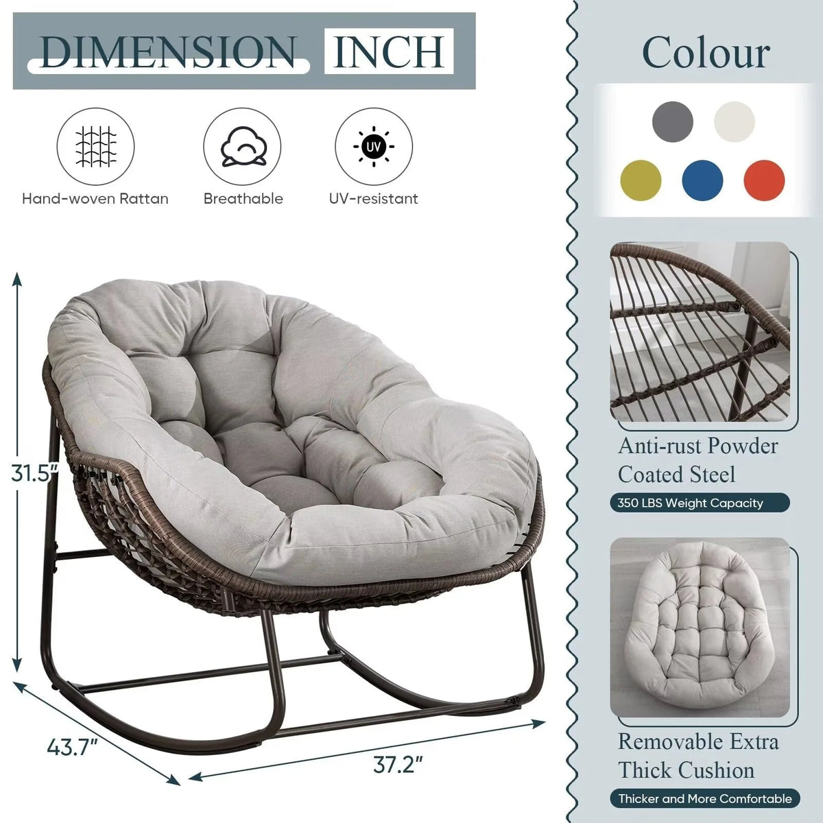 Outdoor Papasan Rocking Chair With Thick Cushion, Grey - 43.70in D x 37.20in W x 31.50in H