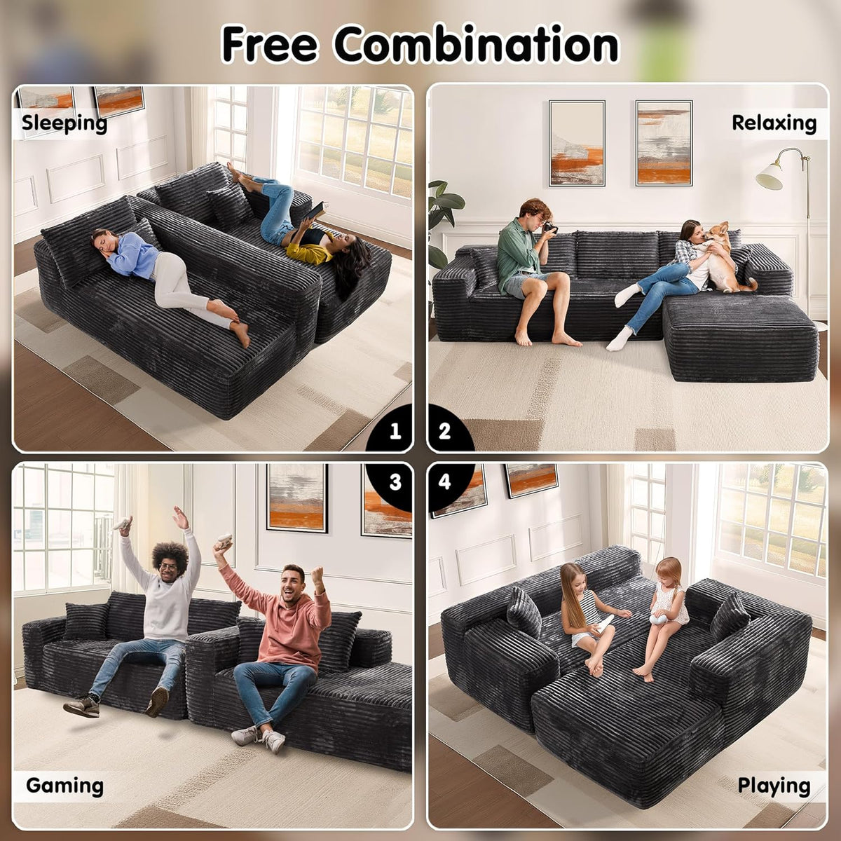 ovios 104in L-Shape Sectional Sofa With Chaise, Grey Plush Corduroy Fabric