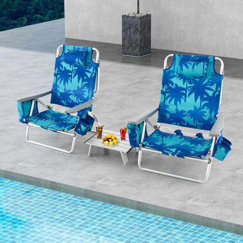 2-Pack 5-Position Outdoor Folding Backpack Beach Chairs With Side Table Set