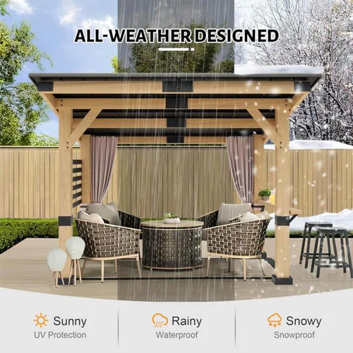 10x12FT Outdoor All-Season Wooden Cedar Hardtop Gazebo With Metal Roof And Back Curtains - SAK57184