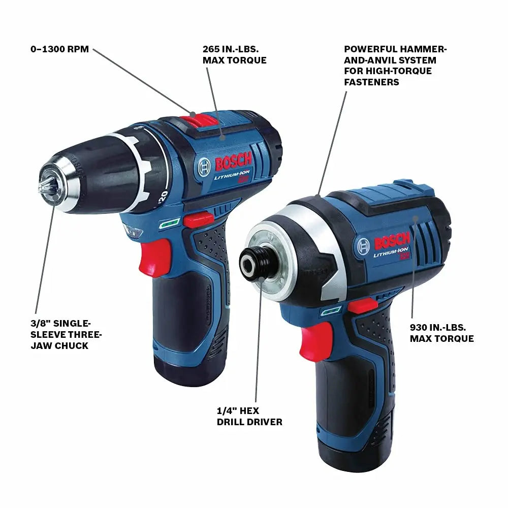 BOSCH 12V Max Cordless Drill/Driver And Impact Driver Combo Kit With 2 Batteries, Charger And Case - CLPK22-120