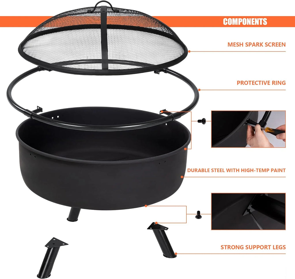 SUNCREAT 42-Inch Wood Burning Patio Fire Pit, Black, 42.1 Inch Diameter x 25.2 Inch High