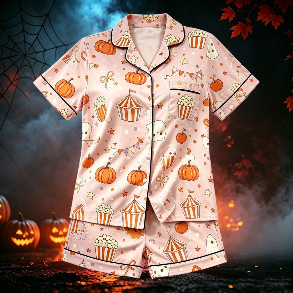 CUZIBR Girls Halloween Pajamas Sets Soft Comfortable Ghost Pumpkin Lapel Button Short Sleeve Shirt Elastic Waist Shorts 2 Pieces Sleep Loungewear Relaxed Sleepwear Outfits, Orange-C