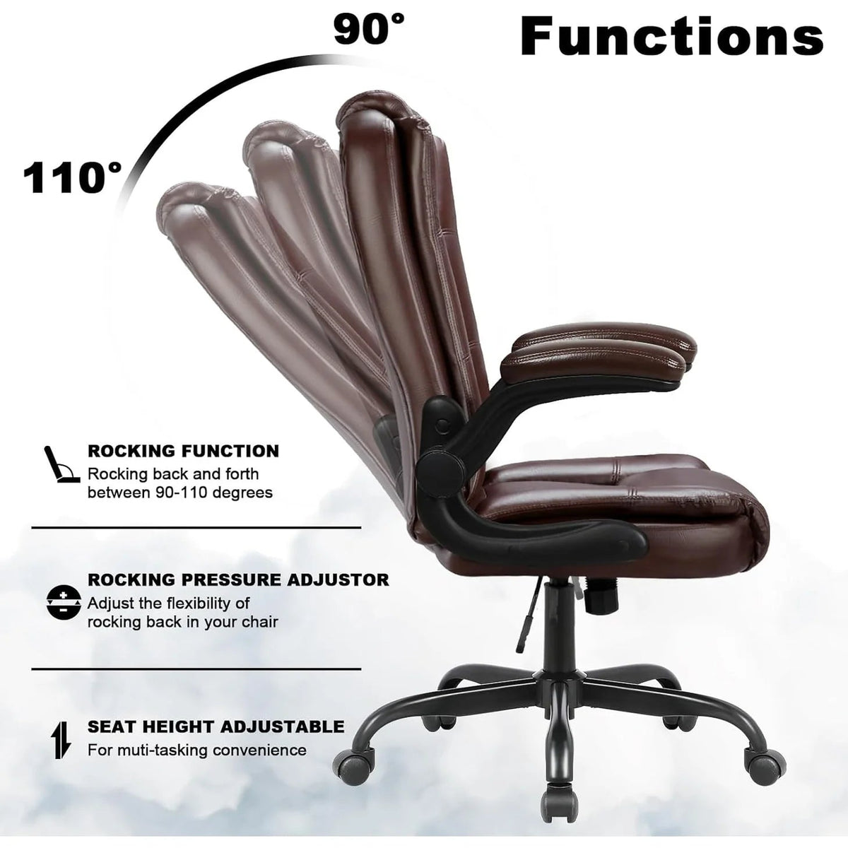 Big And Tall Ergonomic Office Chair, High Back Leather Executive Computer Chair With Padded Flip-Up Arms - 20.87in D x 27.3in W x 47.24in H