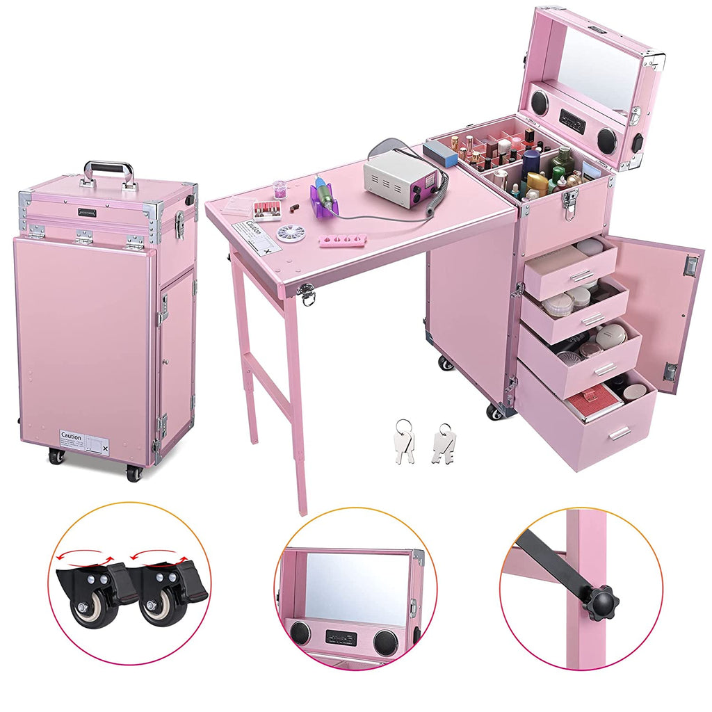 BYOOTIQUE Mobile Nail Station Rolling Makeup Train Case With Mirror, 4 Drawers - Pink