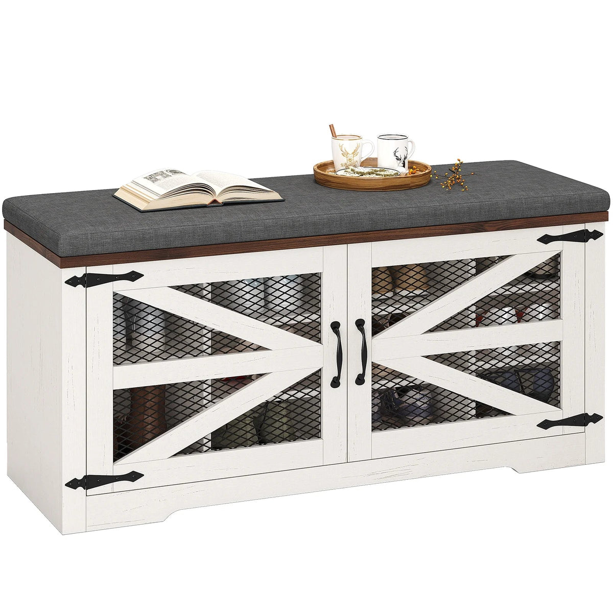Farmhouse Shoe Storage Bench With Cushion, 31.4in, Metal Barn Door, Old White