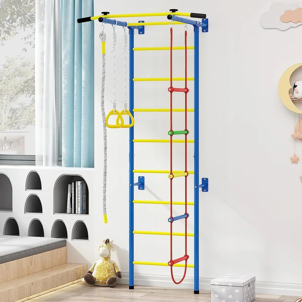 Cuoote Metal Wall Ladder Stall Bars Set With Pull-Up Bar, Climbing Rope And Gymnastic Rings - 5-In-1