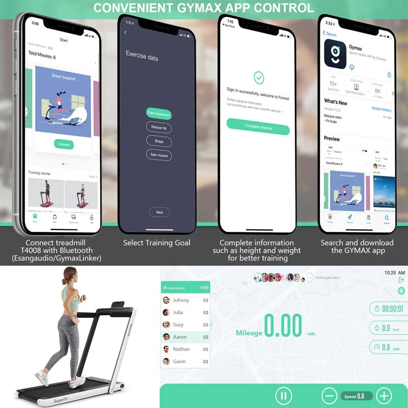 2 In 1 Folding Treadmill, 2.25 HP, 40 in x 16 in Running Area, Dual Display And App Control