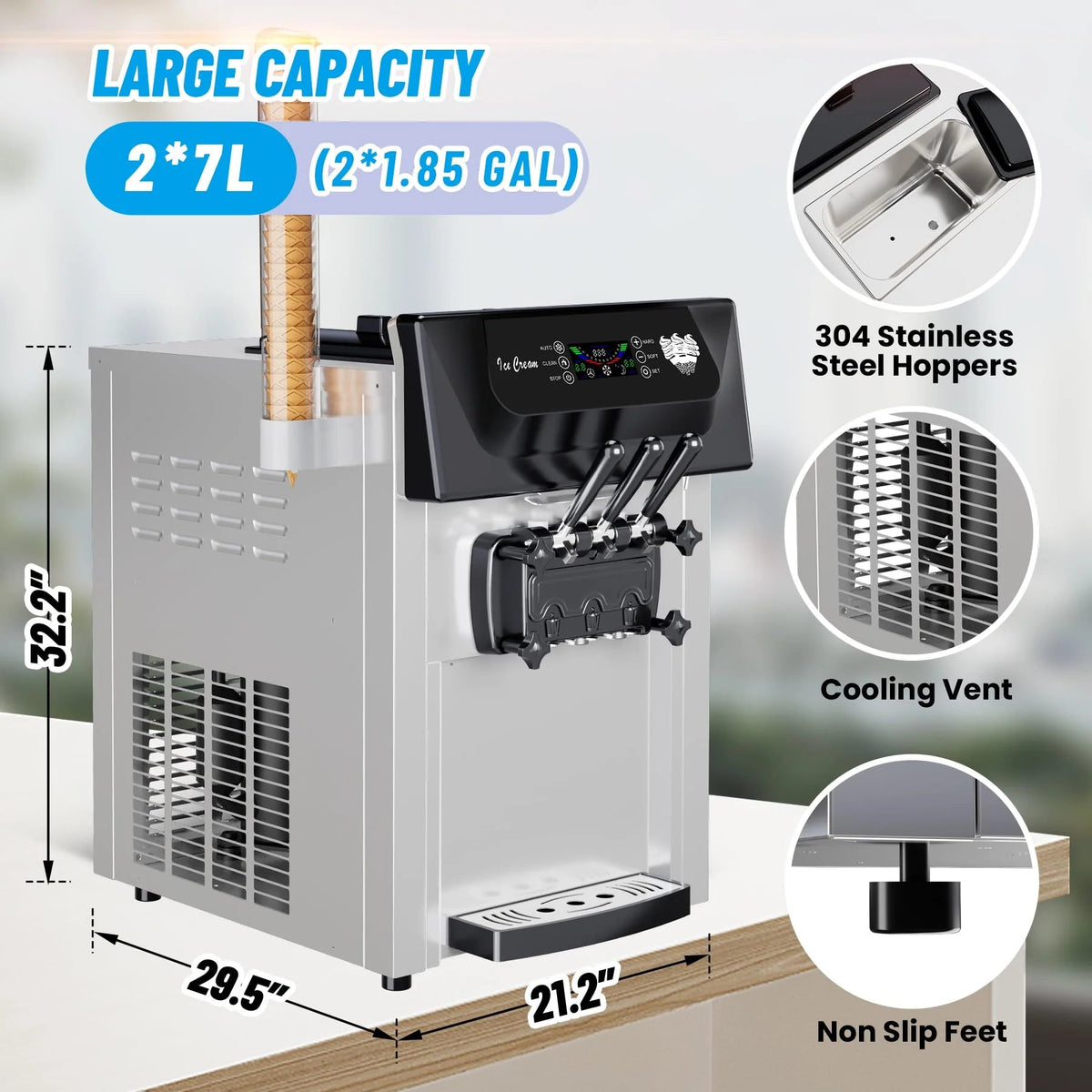 3-Flavor Soft Serve Ice Cream Machine, 2200W, 5.3-7.4 Gal/Hr