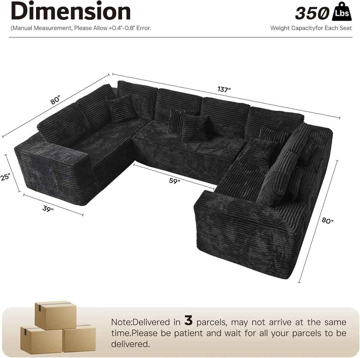 ovios 104in L-Shape Sectional Sofa With Chaise, Grey Plush Corduroy Fabric