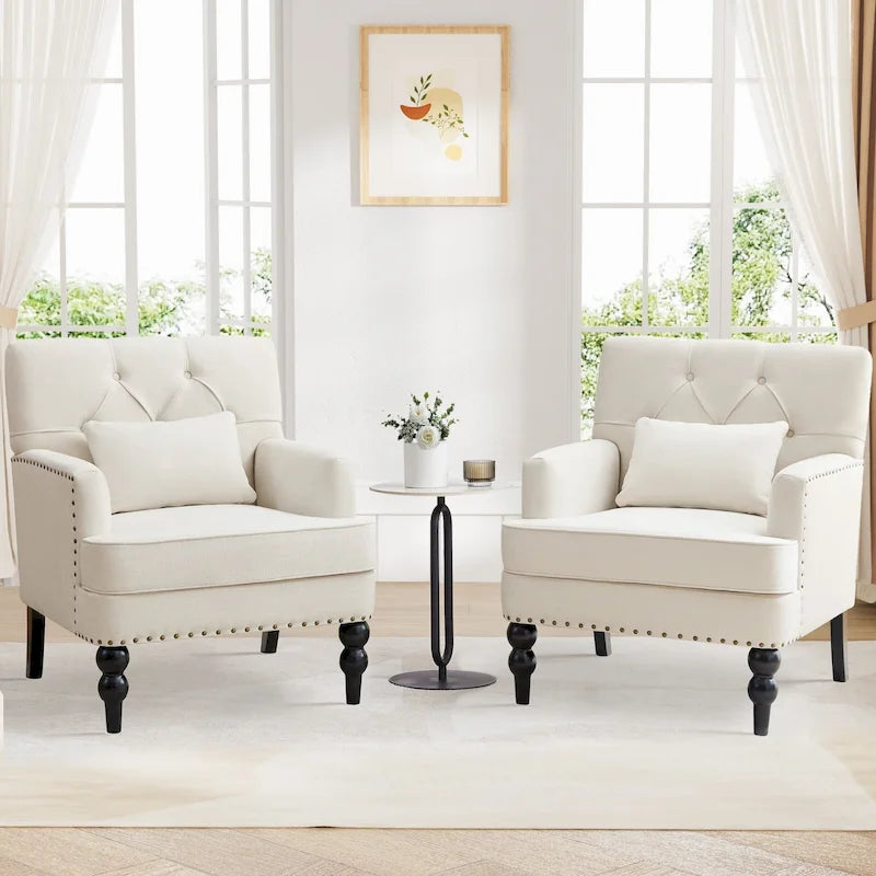 Set Of 2 Upholstered Button-Tufted Accent Chairs With Lumbar Pillows - 30 x 29 x 35 inches