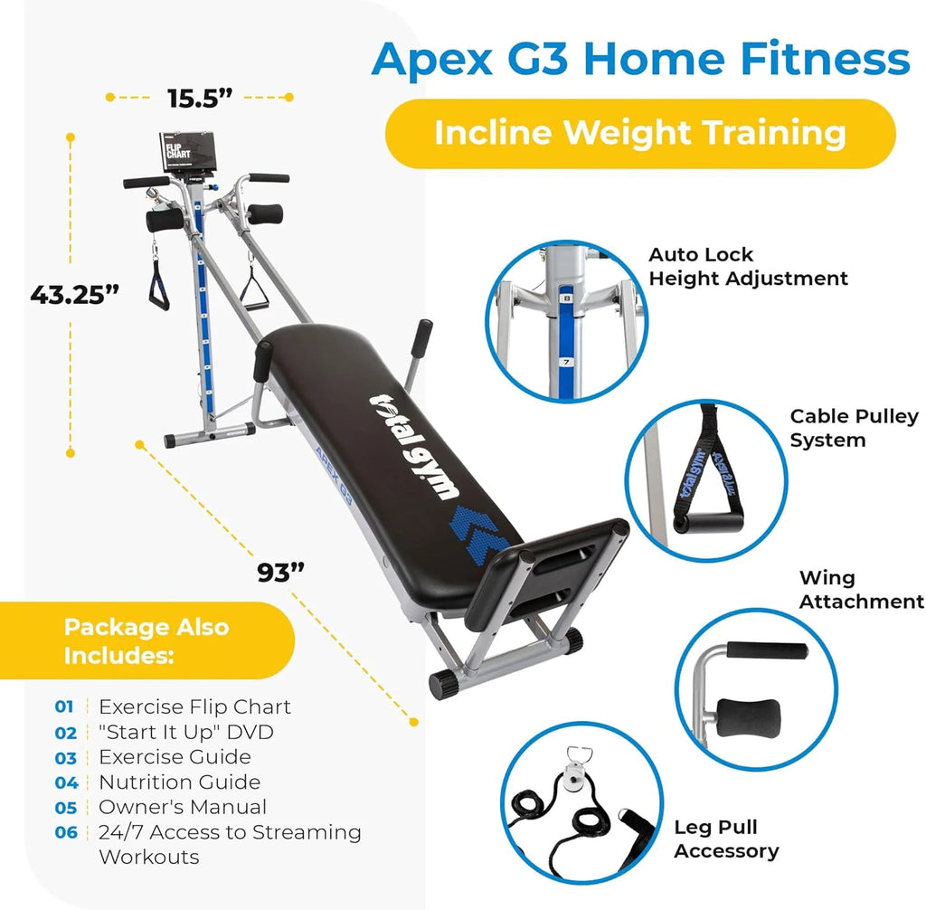 Total Gym Full Body Workout System, 8 Resistance Levels, Black - APEX