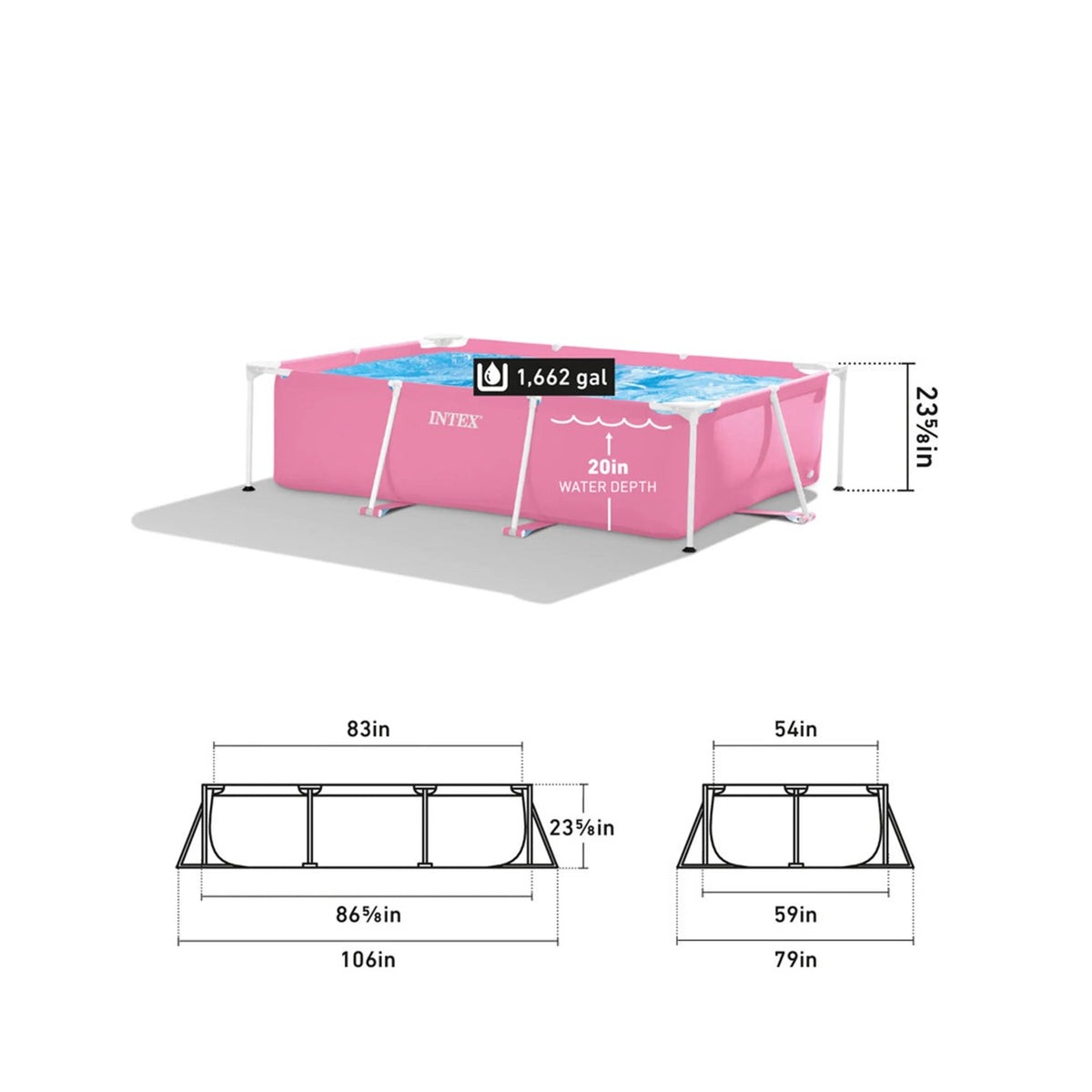 INTEX Rectangular Metal Frame Above Ground Swimming Pool, Pink, 7ft x 23in