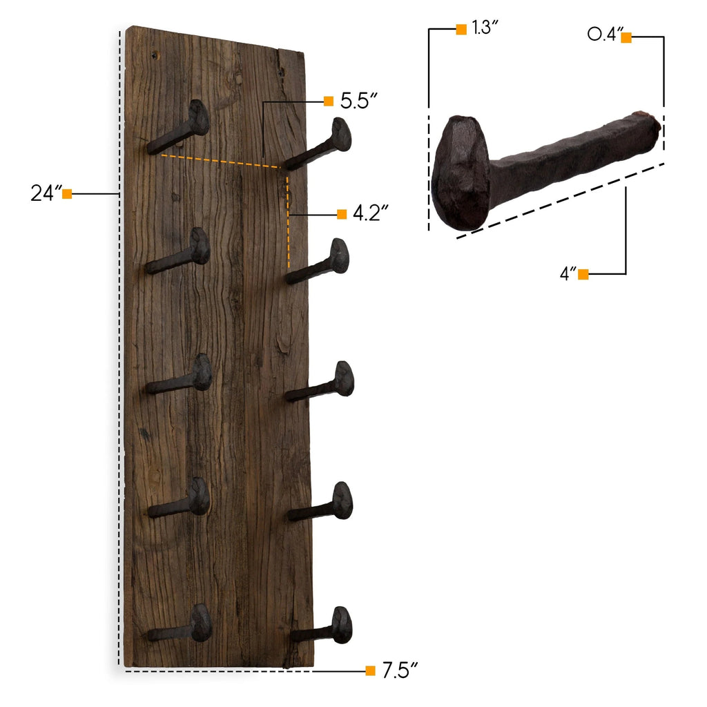 5 Bottle Wood Wall-Mounted Wine Rack, Walnut, 24in W - 10 Cast Iron Hooks