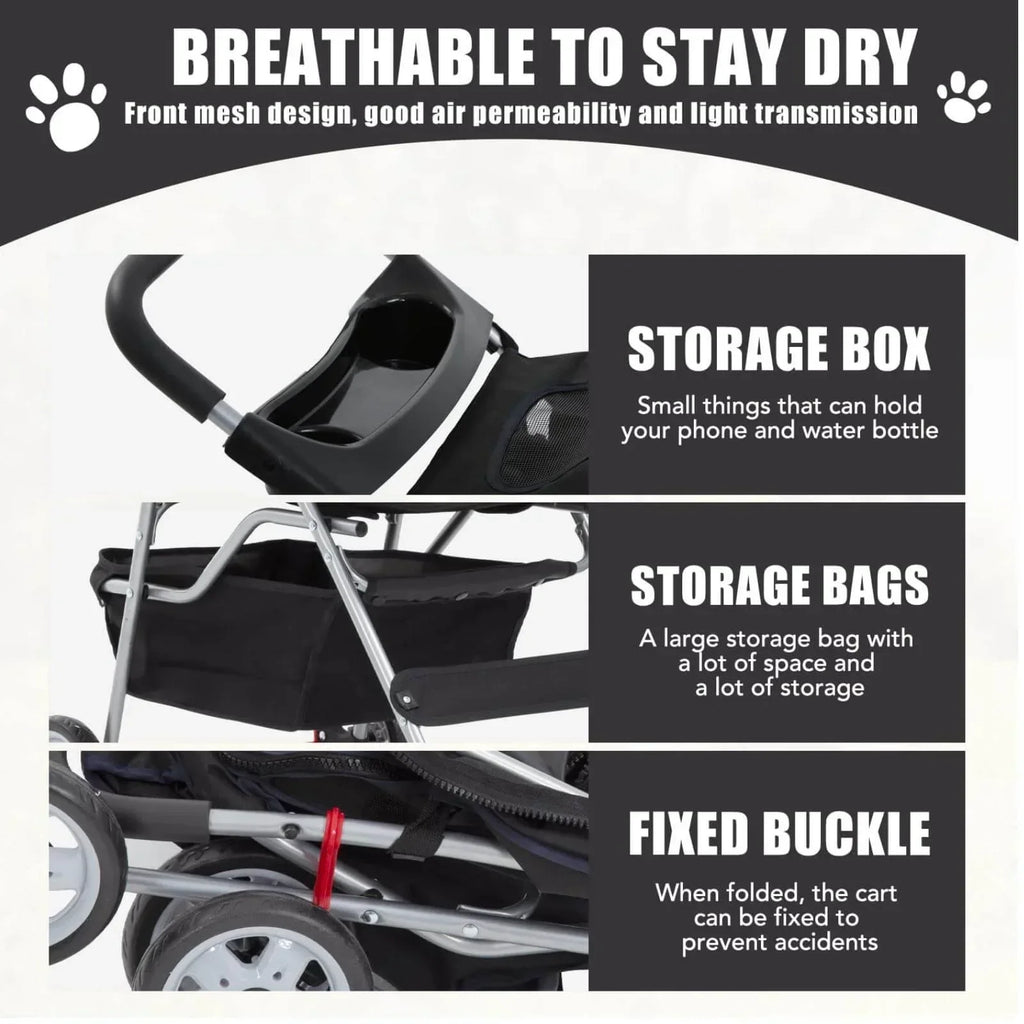 Foldable Dog And Cat Pet Stroller With Storage Basket, Removable Liner And 4 Wheels - Black