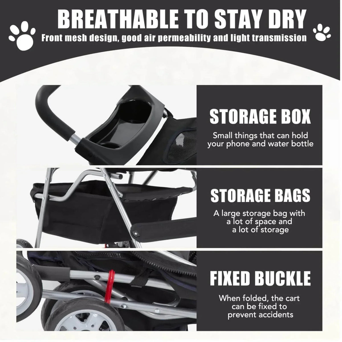 Foldable Dog And Cat Pet Stroller With Storage Basket, Removable Liner And 4 Wheels - Black