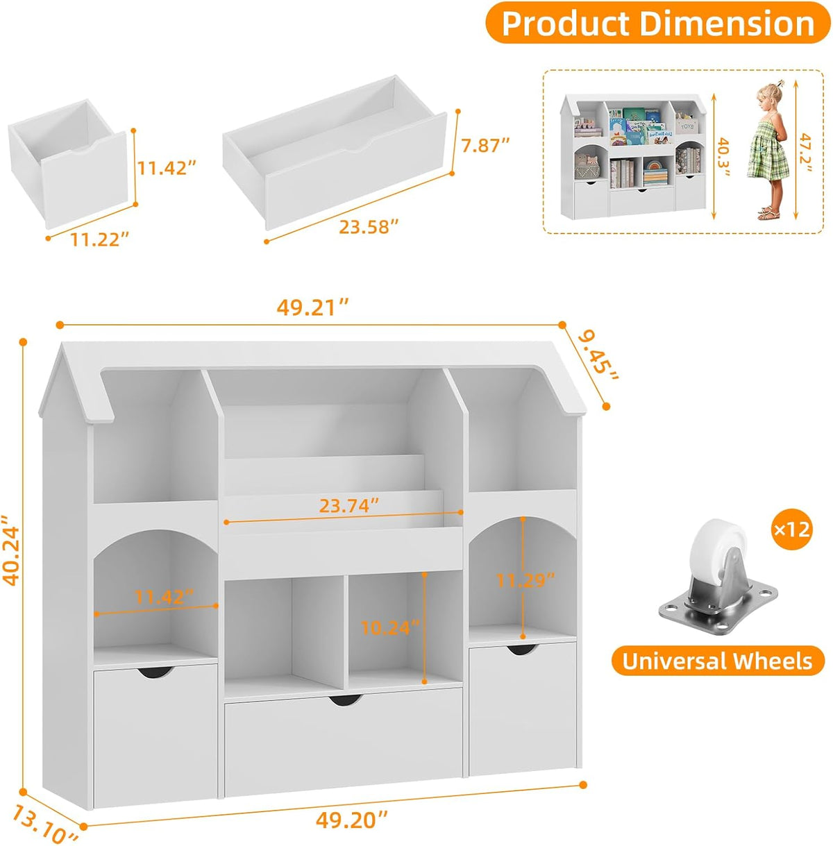 Halitaa Kids Castle Bookshelf With Toy Storage, 3 Drawers, LED Lights, White, 49.2in W x 13.1in D x 40.2in H