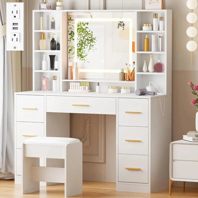 ANWBROAD Lighted Makeup Vanity Desk With LED Mirror, 39.4-Inch W x 15.7-Inch D x 55.1-Inch H
